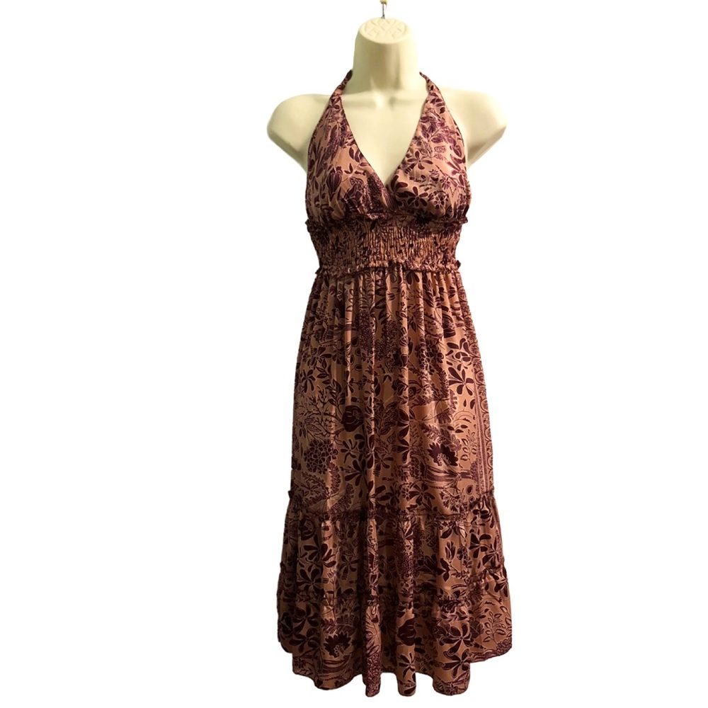 Boho Hippie Silk Blend Halter Strap Neck Tiered Skirt‎ Floral Womens size Small